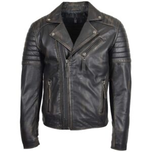 BUNERI Men’s Classic Black Rub-Off Leather Biker Jacket