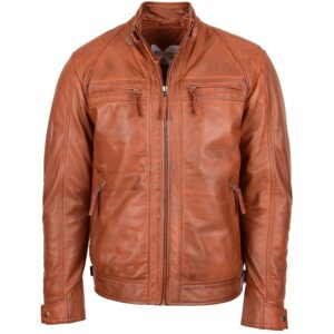 BUNERI Men’s Leather Biker Jacket Standing Collar Cognac Tan