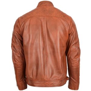 BUNERI Men’s Leather Biker Jacket Standing Collar Cognac Tan