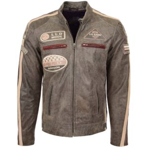 BUNERI Men’s Brown Leather Biker Jacket with Heritage Badges