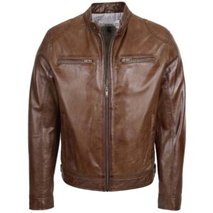 BUNERI Men’s Brown Soft Casual Leather Biker Jacket