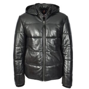 BUNERI Men’s Black Leather Puffer Jacket with Detachable Hood