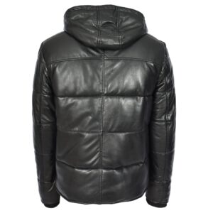 BUNERI Men’s Black Leather Puffer Jacket with Detachable Hood