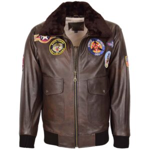 BUNERI Men’s Air Force Bomber Leather Jacket Brown