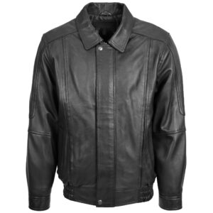 BUNERI Men’s Classic Leather Bomber Jacket in Black
