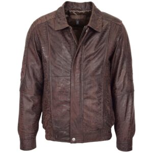 BUNERI Brown Nubuck Classic Style Leather Bomber Jacket