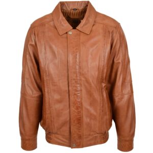 BUNERI Men’s Classic Tan Leather Bomber Jacket