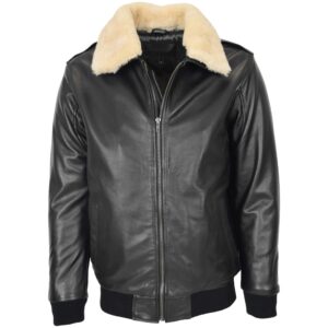 BUNERI Black Leather Bomber Jacket with Sheepskin Collar