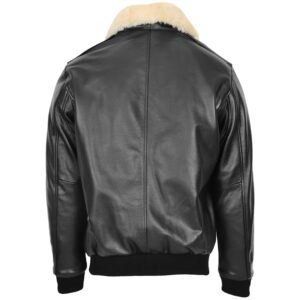 BUNERI Black Leather Bomber Jacket with Sheepskin Collar
