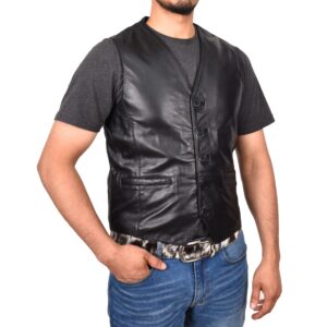 BUNERI Black Leather Button Fastening Waistcoat