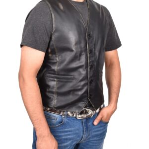 BUNERI Black Leather Vintage Button Fastening Waistcoat
