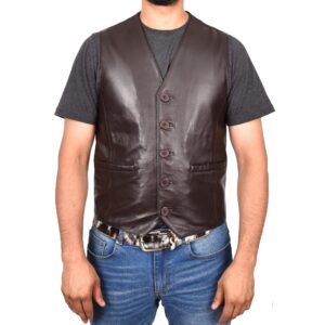 BUNERI Men’s Brown Leather Waistcoat Button-Fastening