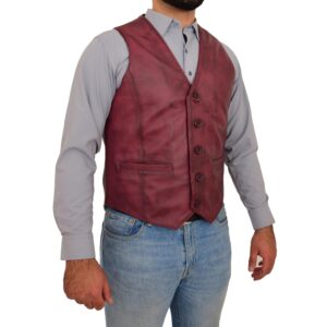 BUNERI Men’s Burgundy Leather Waistcoat