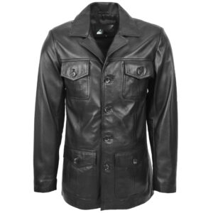 BUNERI Black Leather Button Fastening Reefer Jacket
