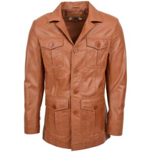 BUNERI Men’s Tan Leather Reefer Jacket