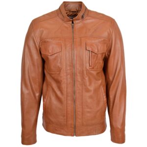 BUNERI Tan Casual Biker Leather Jacket