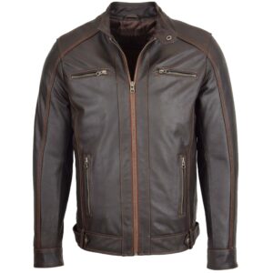 BUNERI Men’s Brown Classic Leather Biker Jacket