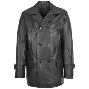 BUNERI Black Double-Breasted Leather Peacoat