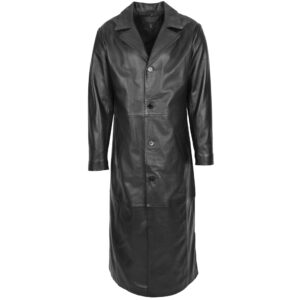 BUNERI Men’s Black Leather Full-Length Blazer Coat
