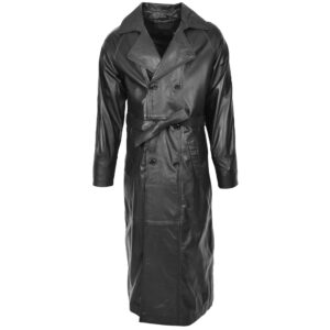 BUNERI Men’s Full-Length Double-Breasted Black Leather Coat