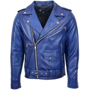 BUNERI Men’s Heavy-Duty Blue Leather Biker Jacket