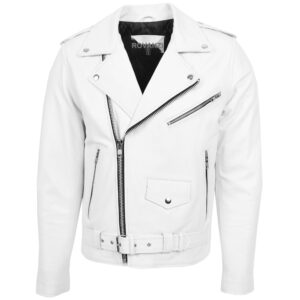 BUNERI Men’s White Heavy-Duty Leather Brando Biker Jacket