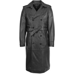 BUNERI Black 3/4 Length Double-Breasted Leather Coat