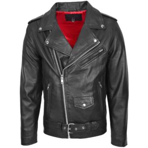 BUNERI Men’s Leather Biker Jacket Brando Style Black