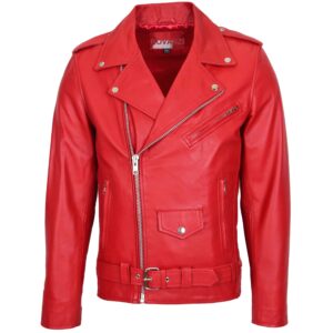 BUNERI Men’s Red Brando Style Leather Biker Jacket