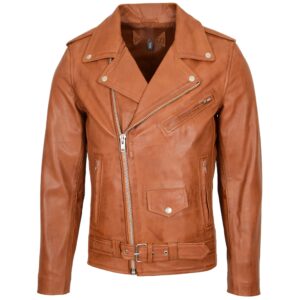 BUNERI Tan Leather Brando Style Biker Jacket