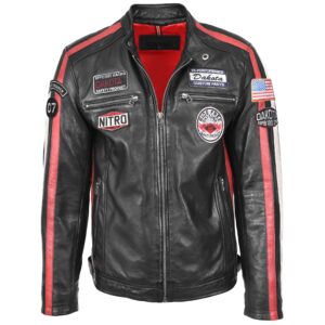 BUNERI Black Leather Biker Jacket Motorsport Logos Men