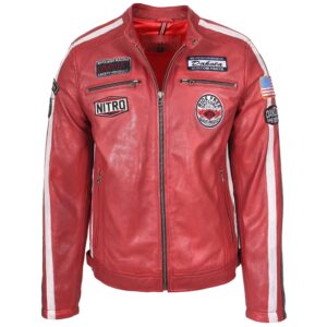 BUNERI Men’s Red Leather Biker Jacket with Motorsport Logos