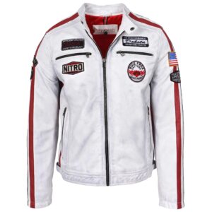 BUNERI Men’s Leather Biker Jacket Motorsport Logos Vintage White