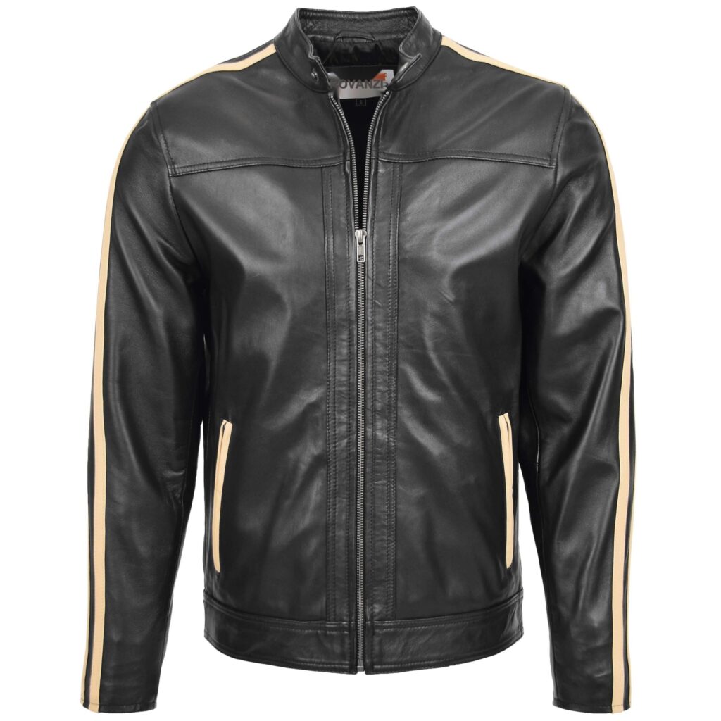 BUNERI Men's Black Leather Biker Jacket with Racing Stripes