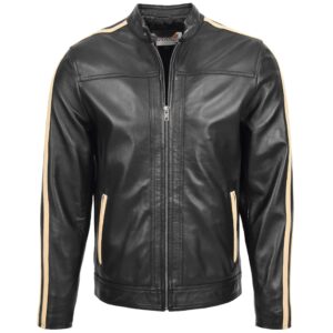 BUNERI Men’s Black Leather Biker Jacket with Racing Stripes