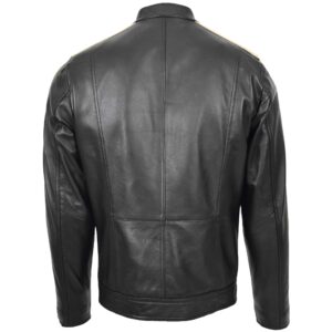 BUNERI Men’s Black Leather Biker Jacket with Racing Stripes