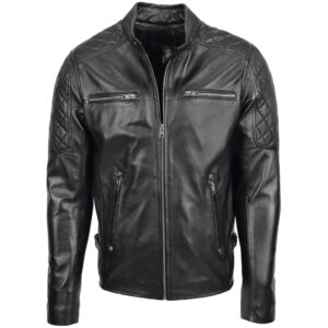 BUNERI Men’s Premium Leather Biker Jacket with Quilted Detail