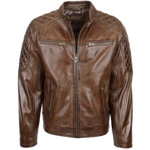 BUNERI Men’s Timber Brown Leather Biker Jacket with Quilt Detail