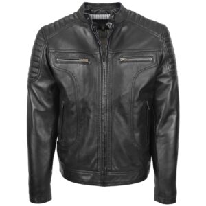 BUNERI Men’s Leather Biker Style Zip Jacket Black