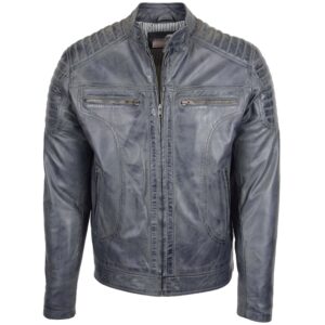 BUNERI Men’s Leather Biker Style Zip Jacket Grey Two-Tone