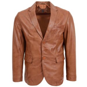 BUNERI Men’s Tan Leather Blazer Two-Button