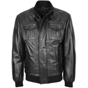 BUNERI Men’s Leather Bomber Flight Jacket Black
