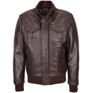 BUNERI Brown Leather Bomber Flight Jacket