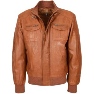 BUNERI Tan Leather Bomber Flight Jacket