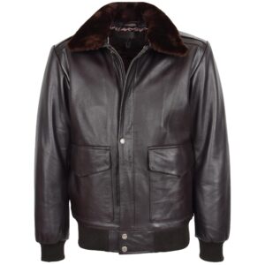 BUNERI Men’s Leather Bomber Jacket G-1 Aviator Style Brown