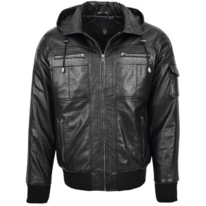 BUNERI Bronx Black Leather Bomber Jacket with Hood
