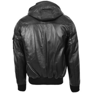 BUNERI Bronx Black Leather Bomber Jacket with Hood
