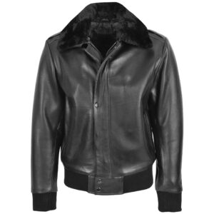 BUNERI Men’s Black Leather Bomber Pilot Jacket with Removable Collar