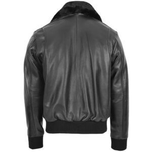 BUNERI Men’s Black Leather Bomber Pilot Jacket with Removable Collar