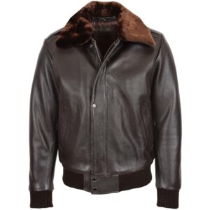 BUNERI Brown Leather Bomber Pilot Jacket with Removable Collar